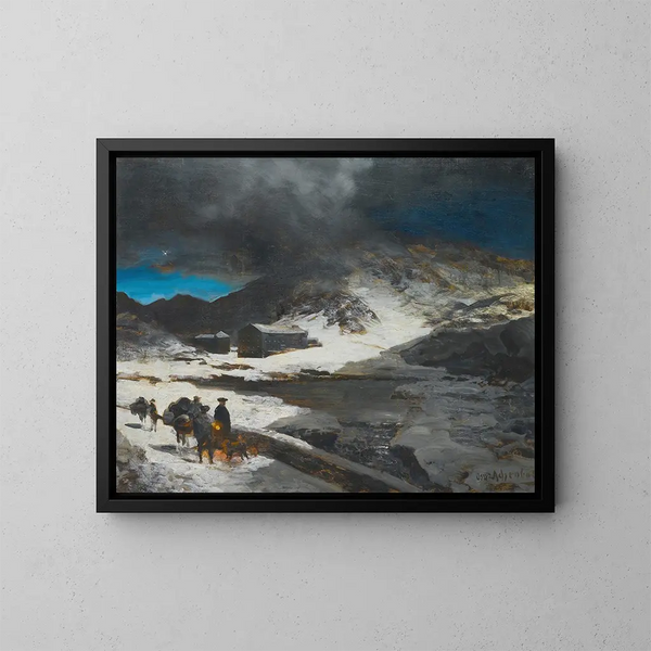L'auberge du Grand Saint-Bernard dans les Alpes - Oswald Achenbach — framed artwork on a wall