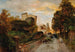 Straatje in dorp bij zonsondergang - Oswald Achenbach — weergave van het kunstwerk