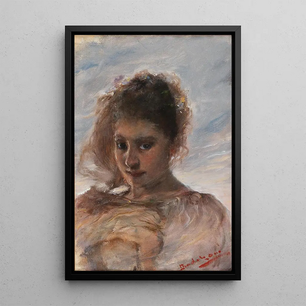Portret van een jonge vrouw voor een wolkenachtergrond - Ottó Baditz — ingelijst kunstwerk aan de muur