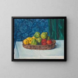 Ottilie Wilhelmine Roederstein - Still Life Basket with Fruit on a Table in front of a Curtain and Wallpaper.webp