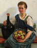 Meis met een mand fruit en een fles wijn - Otto Keck — weergave van het kunstwerk