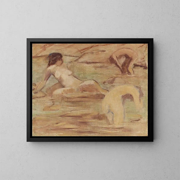 Three young girls bathing - Otto Mueller — framed artwork on a wall