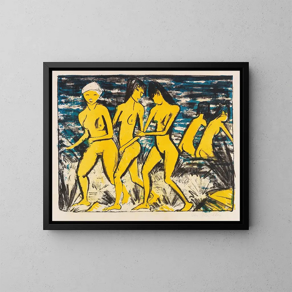 Woman in Yellow by the Water's Edge - Otto Mueller — framed artwork on a wall