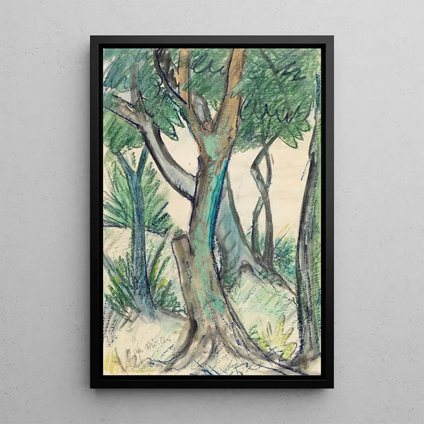 Landscape painting with trees in the foreground - Otto Mueller — framed artwork on a wall
