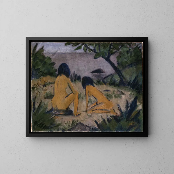 seated and kneeling figures on the shore of the Moritzburg lakes - Otto Mueller — framed artwork on a wall