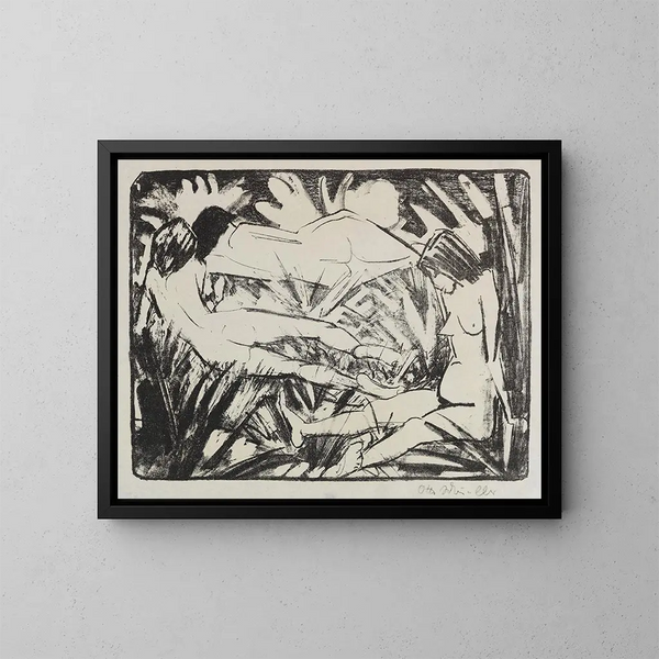 van een schilderij met zittende meisjes en twee liggende meisjes in het gras, drie bedrijven - Otto Mueller — ingelijst kunstwerk aan de muur