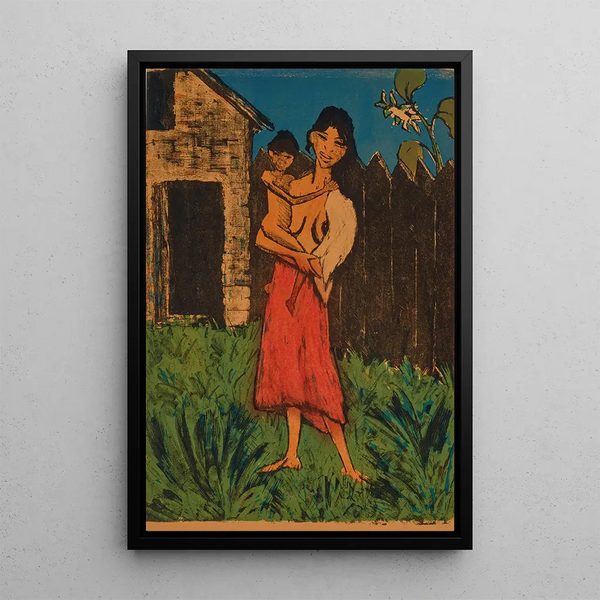 Gitane standing with child in the arms of Gypsies - Otto Mueller — framed artwork on a wall