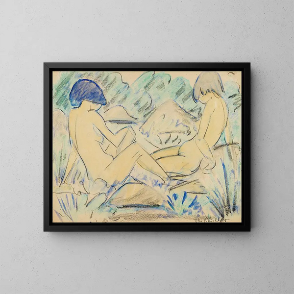 Twee naakte meisjes, twee zittende naakten - Otto Mueller — ingelijst kunstwerk aan de muur