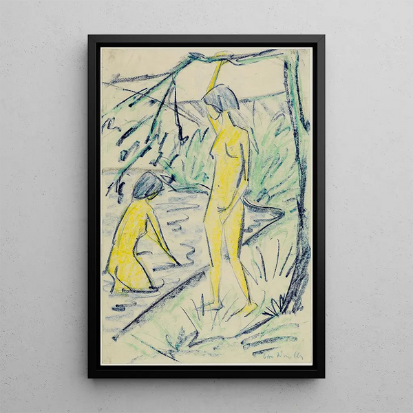 Two young girls bathing - Otto Mueller — framed artwork on a wall