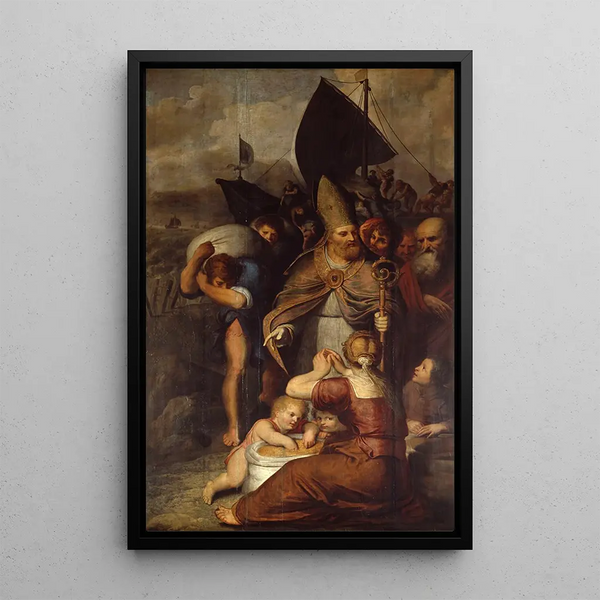 Pendant une famine à Myre, Saint Nicolas sauve le peuple - Otto van Veen — framed artwork on a wall