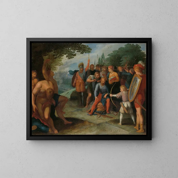 Jules Civilis getting his hair cut after the fall of Vetera while his son kills some captives - Otto van Veen — framed artwork on a wall