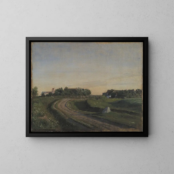 Vejby schilderij met de kerk gezien vanaf het noorden, avondlicht, Zeeland - P. C. Skovgaard — ingelijst kunstwerk aan de muur