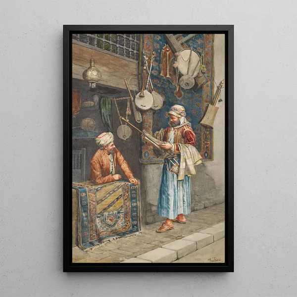 De Muziekinstrumentenverkoper - Paolo Folchi — ingelijst kunstwerk aan de muur