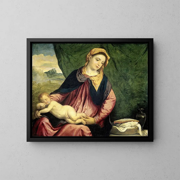 Madonna with the Sleeping Child - Paris Bordone — framed artwork on a wall