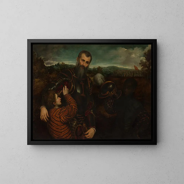 Portrait of a man in armor with two pages - Paris Bordone — framed artwork on a wall