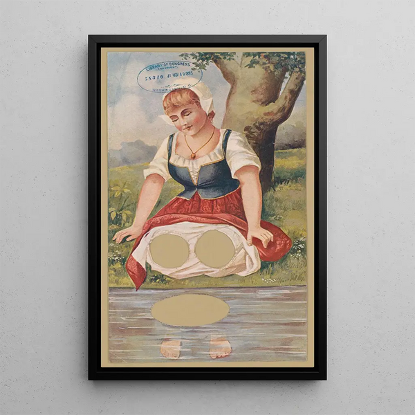 Vrouw knielend aan de rand van het water - Parisian Puzzle Co — ingelijst kunstwerk aan de muur