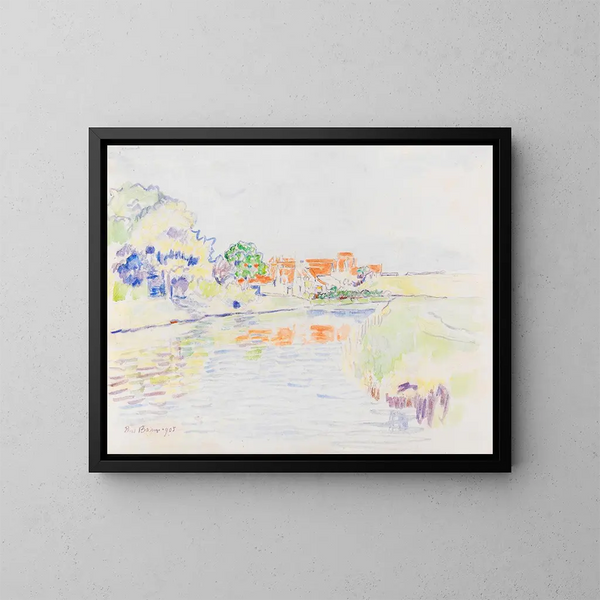 Canal between woods and meadows in front of a village with red roofs - Paul Baum — framed artwork on a wall
