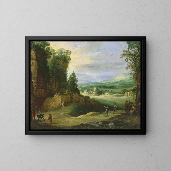 Landscape with Men Playing Chicane - Paul Bril — framed artwork on a wall