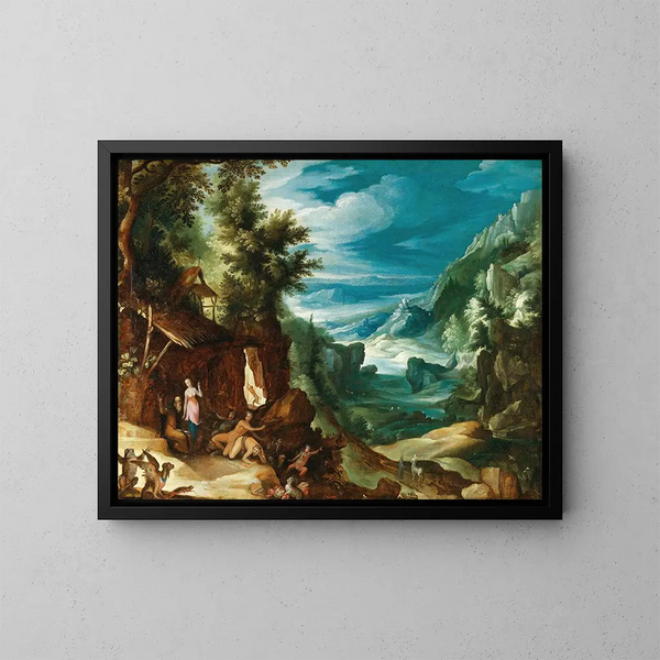 Landscape with the Temptation of Saint Anthony - Paul Bril — framed artwork on a wall