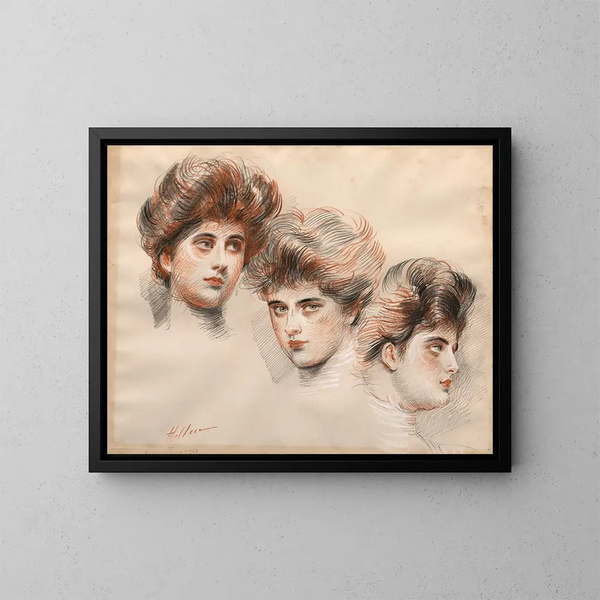 portret van Yvonne Avolle van voren, van rechts- en linksprofiel - Paul César Helleu — ingelijst kunstwerk aan de muur
