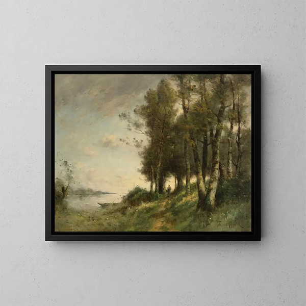 Peasant painting by the water's edge - Paul Désiré Trouillebert — framed artwork on a wall