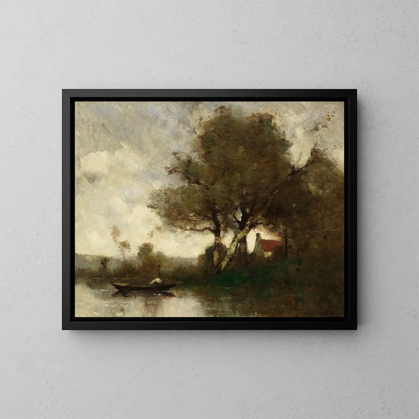 River landscape painting with a house and a man in a boat - Paul Désiré Trouillebert — framed artwork on a wall