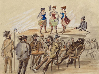 Paul Franz Otto - Drei Frauen prsentieren sich auf einer Bhne davor Mnner an Biertischen.webp