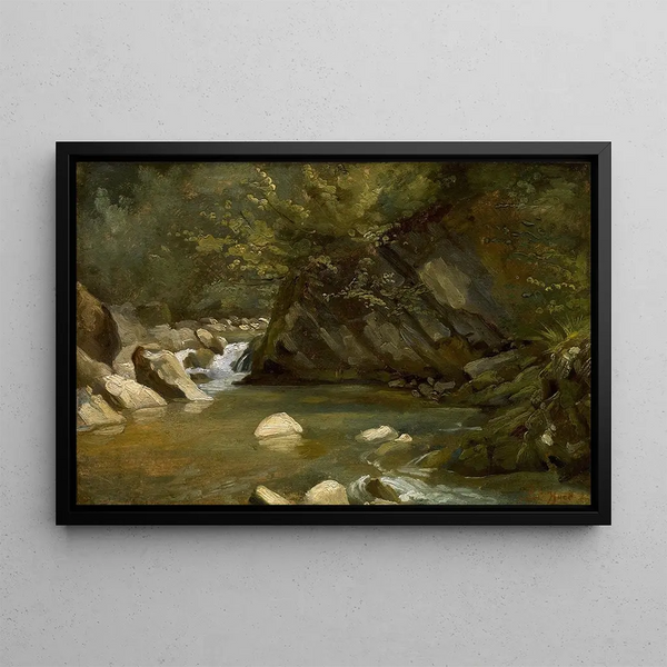 Forest Stream Painting - Paul Huet — framed artwork on a wall