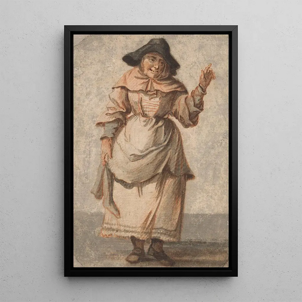 an old merchant woman laughing and gesticulating with her left hand - Paul Sandby — framed artwork on a wall
