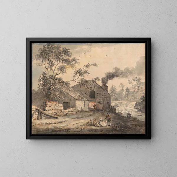 Forge de fer sur la rivière Kent, Westmorland - Paul Sandby — framed artwork on a wall