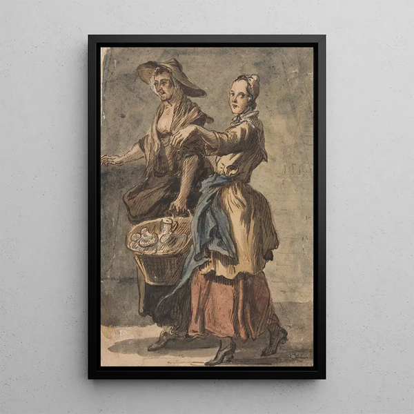 Two women holding a basket - Paul Sandby — framed artwork on a wall