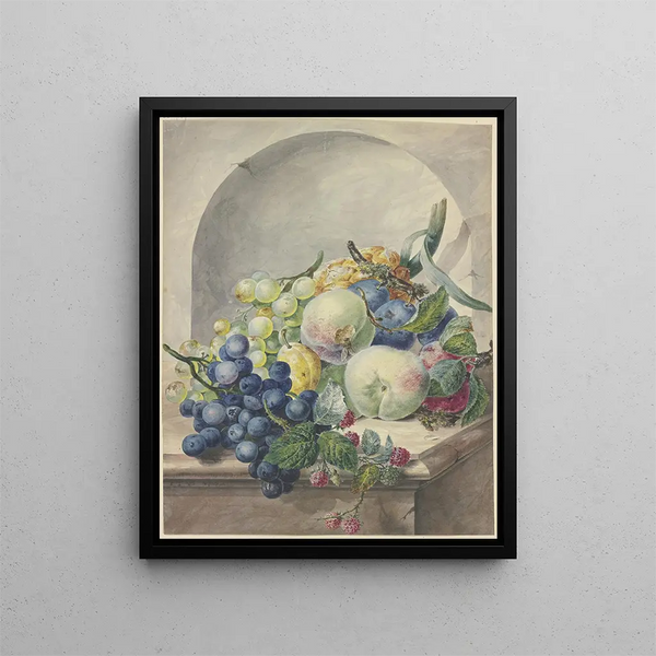 Paul Theodor Van Brussel - Fruchtstck in einer Nische auf einem Marmortische Pflaumen Pfirsiche Trauben und Brombeeren.webp