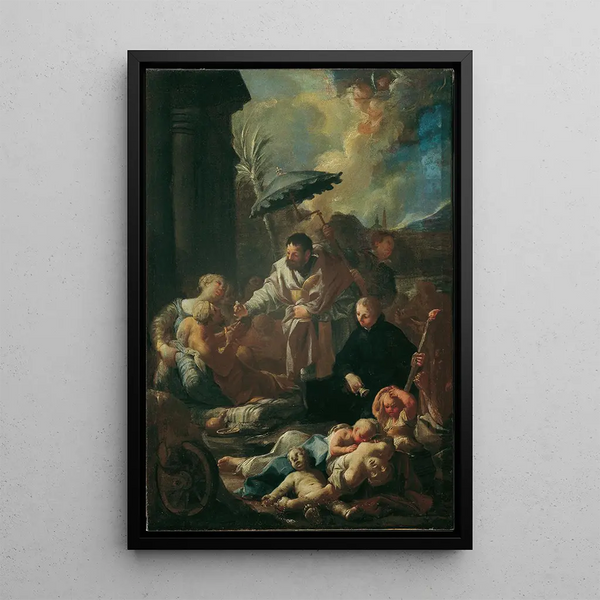Saint François Xavier among the lepers in Goa - Paul Troger — framed artwork on a wall