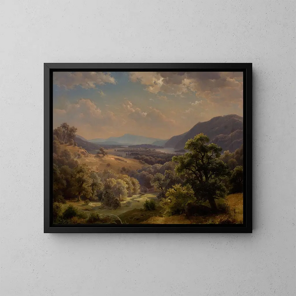 Extended landscape painting with valley and mountains, the Susquehanna Valley - Paul Weber — framed artwork on a wall
