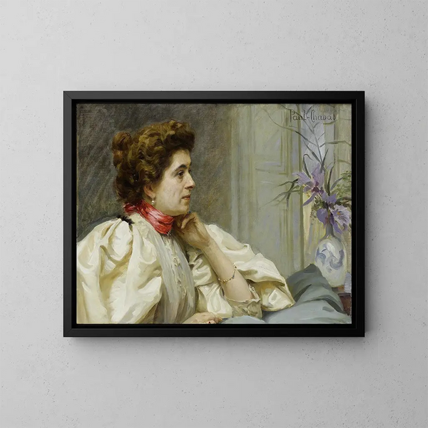 Portrait of a lady with a red scarf - Paul Émile Chabas — framed artwork on a wall