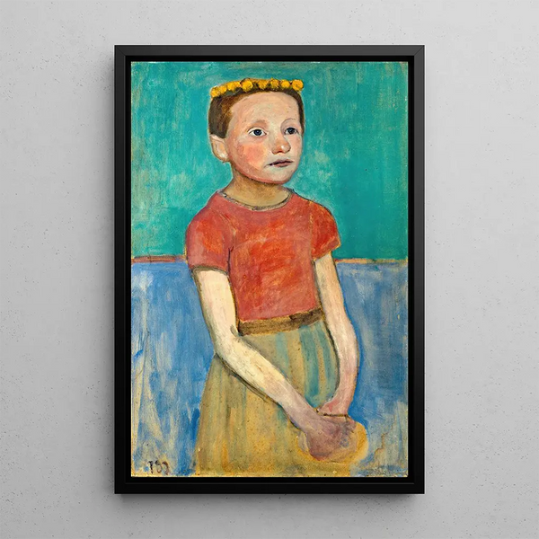a half-figure of a girl with a yellow crown in her hair - Paula Modersohn-Becker — framed artwork on a wall