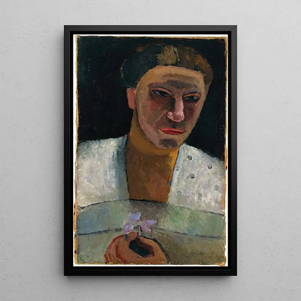 Portrait en buste de Lee Hoetger avec une fleur - Paula Modersohn-Becker — framed artwork on a wall
