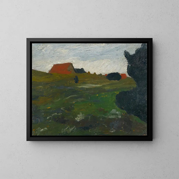 Landscape with Bush and Red Houses - Paula Modersohn-Becker — framed artwork on a wall