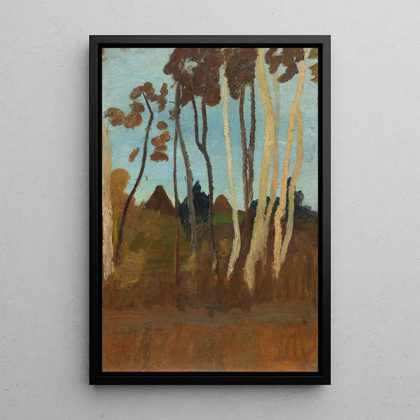 Landscape painting with birches in the background and two house gables - Paula Modersohn-Becker — framed artwork on a wall