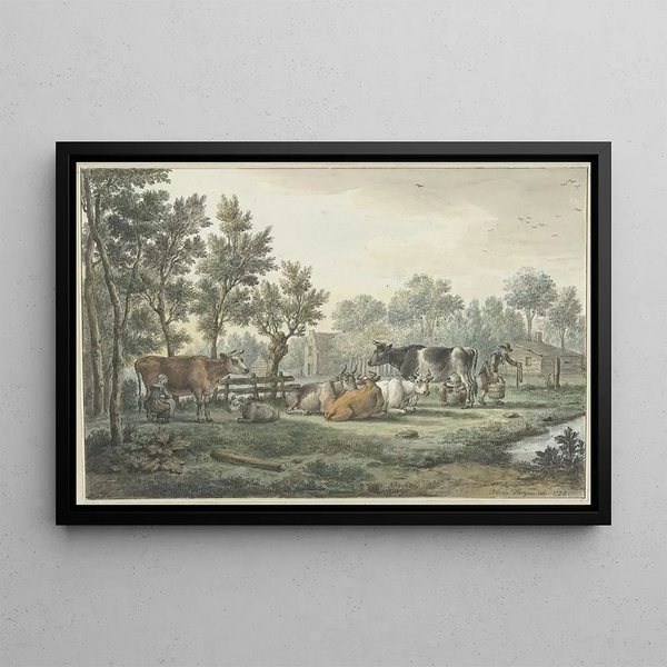 Prairie with cows being milked - Paulus Constantijn la Fargue — framed artwork on a wall