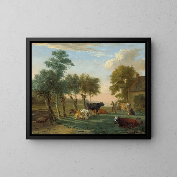 Cows in a meadow near a farm - Paulus Potter — framed artwork on a wall