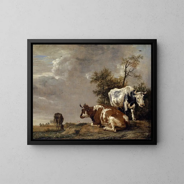 Three cows in a meadow - Paulus Potter — framed artwork on a wall