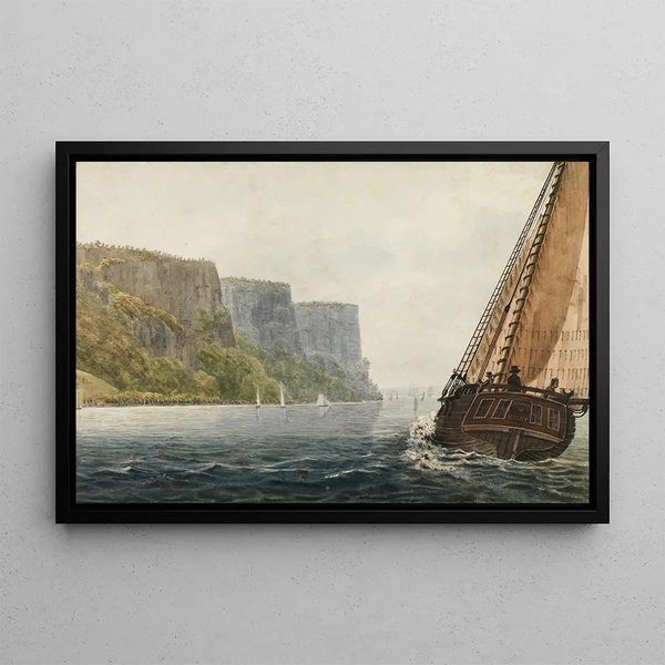 The Ocean Liner Mohawk passing the Palisades - Pavel Petrovich Svinin — framed artwork on a wall