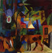 Landschapschilderij met koeien, een zeilboot en figuren - August Macke — gepresenteerd in een interieur