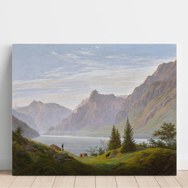 Reproductie van het schilderij Landschapschilderij met bergmeer, ochtend - Caspar David Friedrich