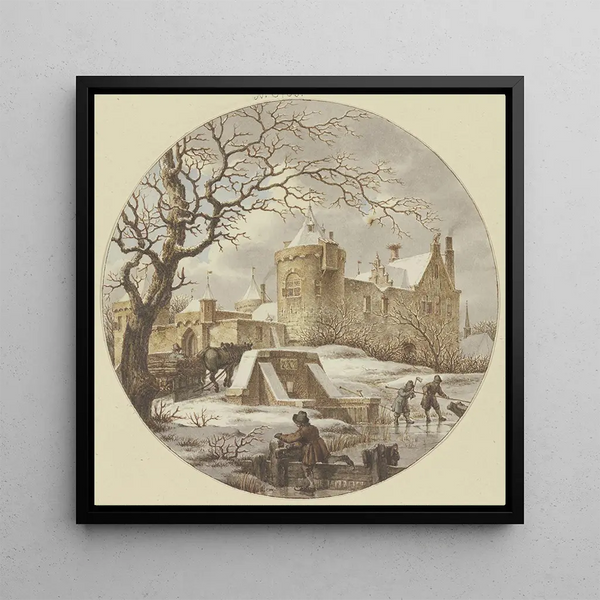 Paysage d'hiver devant le mur de la ville sur le pont avec un traîneau en bois - Jacob Cats