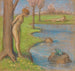 Landschapschilderij met een lentetuin met een paar aan de rand van de vijver met kikkers - Ludwig von Hofmann — weergave van het kunstwerk