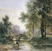 Landschapschilderij met weelderige bomen en een stenen brug over een rivier - Willem Roelofs — gepresenteerd in een interieur