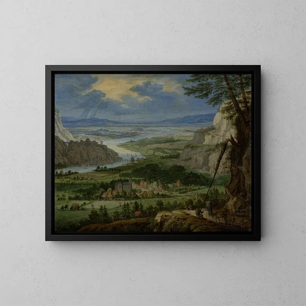 Landscape with River and Travelers - Peeter Gijsels — framed artwork on a wall