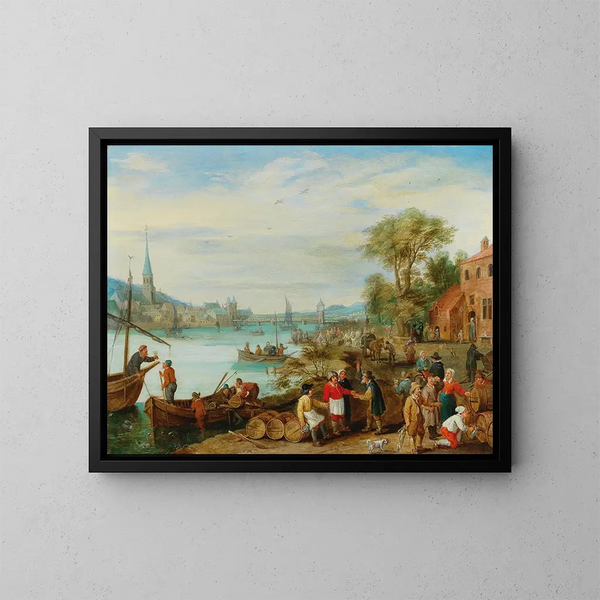 a river landscape with a port scene - Peeter Gijsels — framed artwork on a wall